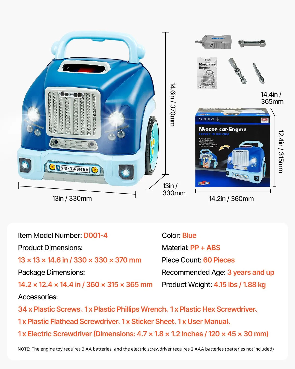 VEVOR Engine Toy Kids Mechanic Car Repair Set with Removable Parts Blue
