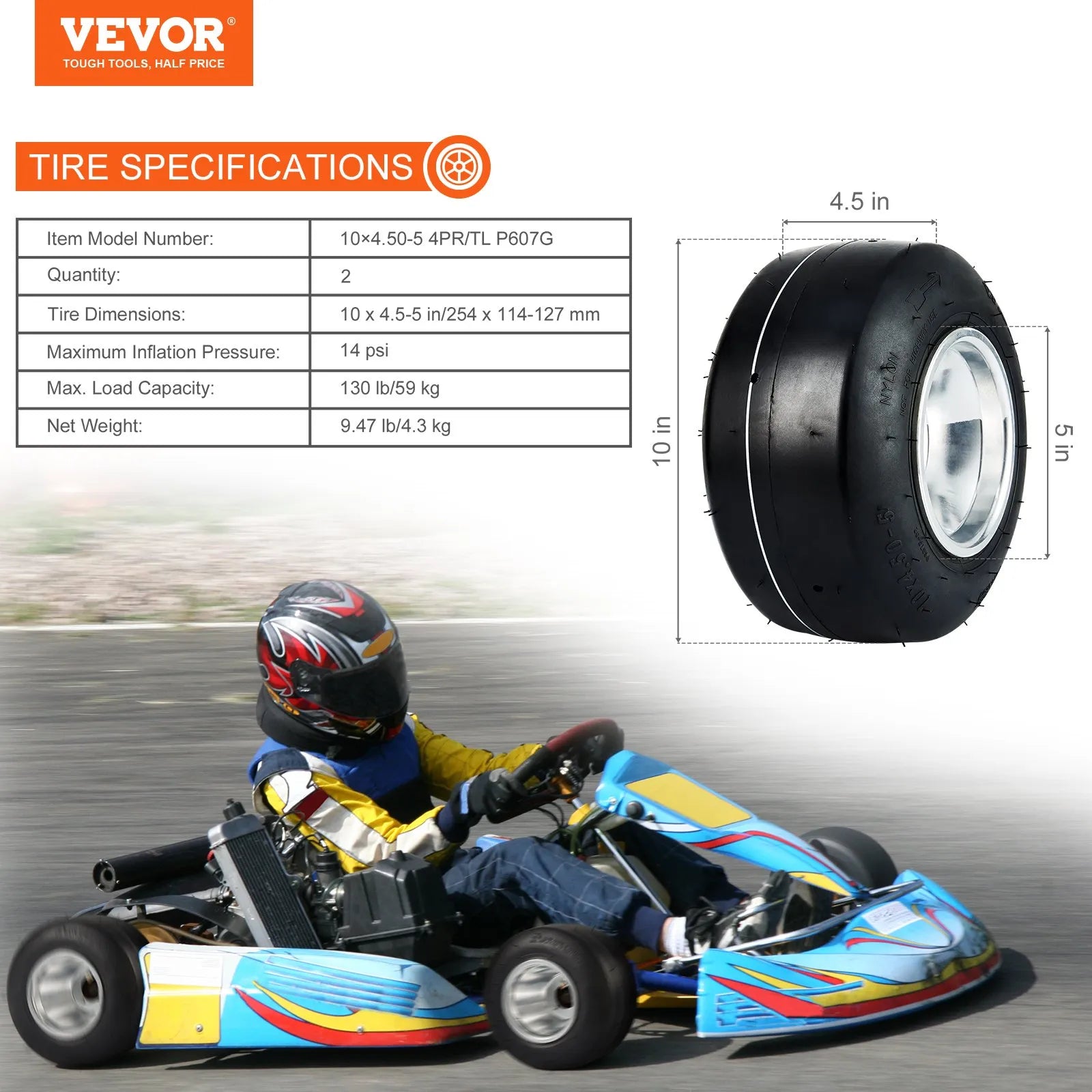VEVOR Go Kart Tires and Rims, 10x4.5-5