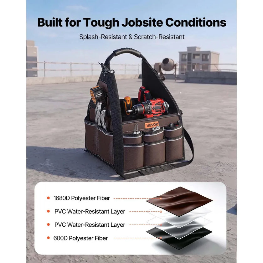 13-Inch Tool Bag with 45 Pockets – Heavy-Duty Open Top Tool Tote with Shoulder Strap