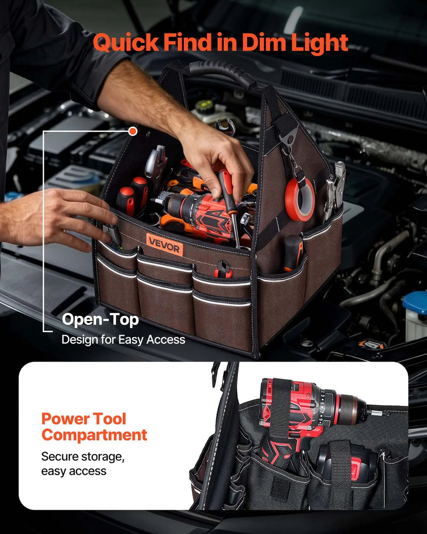13-Inch Tool Bag with 45 Pockets – Heavy-Duty Open Top Tool Tote with Shoulder Strap