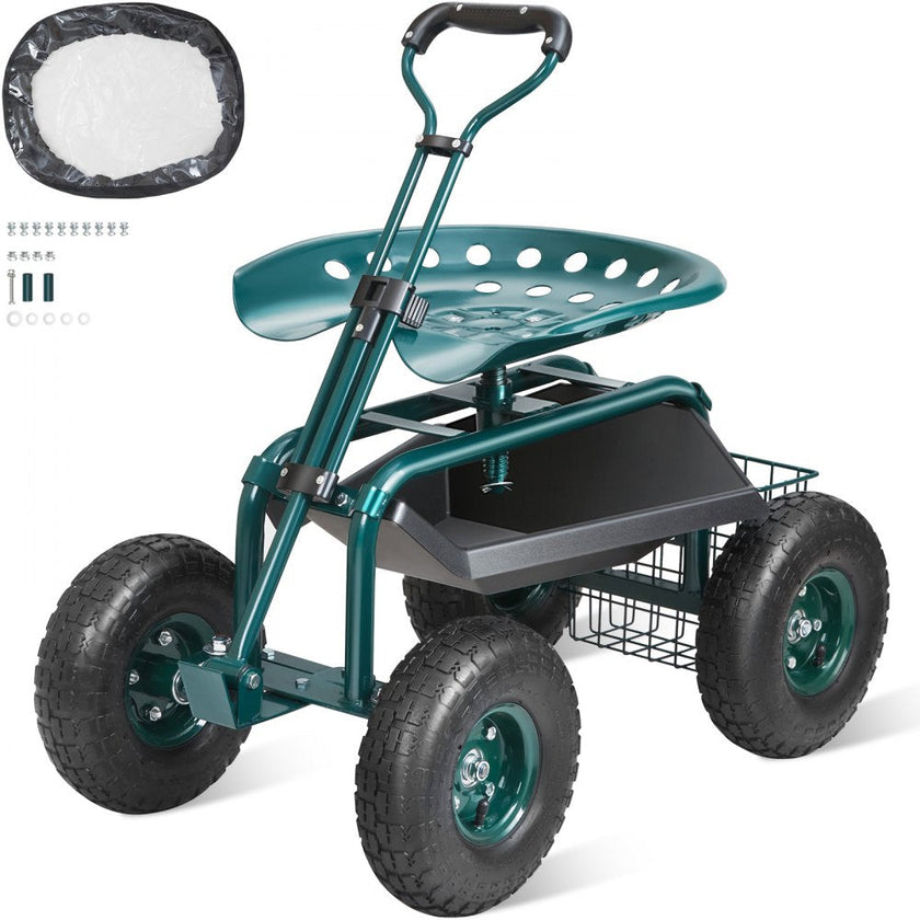 VEVOR Garden Cart Rolling Workseat with Wheels, Gardening Stool for Planting, 360 Degree Swivel Seat, Wagon Scooter with Steering Handle & Utility Tool Tray, Use for Patio, Yard, and Outdoors, Green