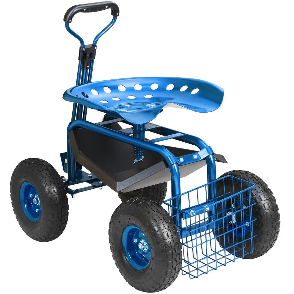 VEVOR Garden Cart Rolling Workseat with Wheels, Gardening Stool for Planting, 360 Degree Swivel Seat, Wagon Scooter with Steering Handle & Utility Tool Tray, Use for Patio, Yard, and Outdoors, Blue
