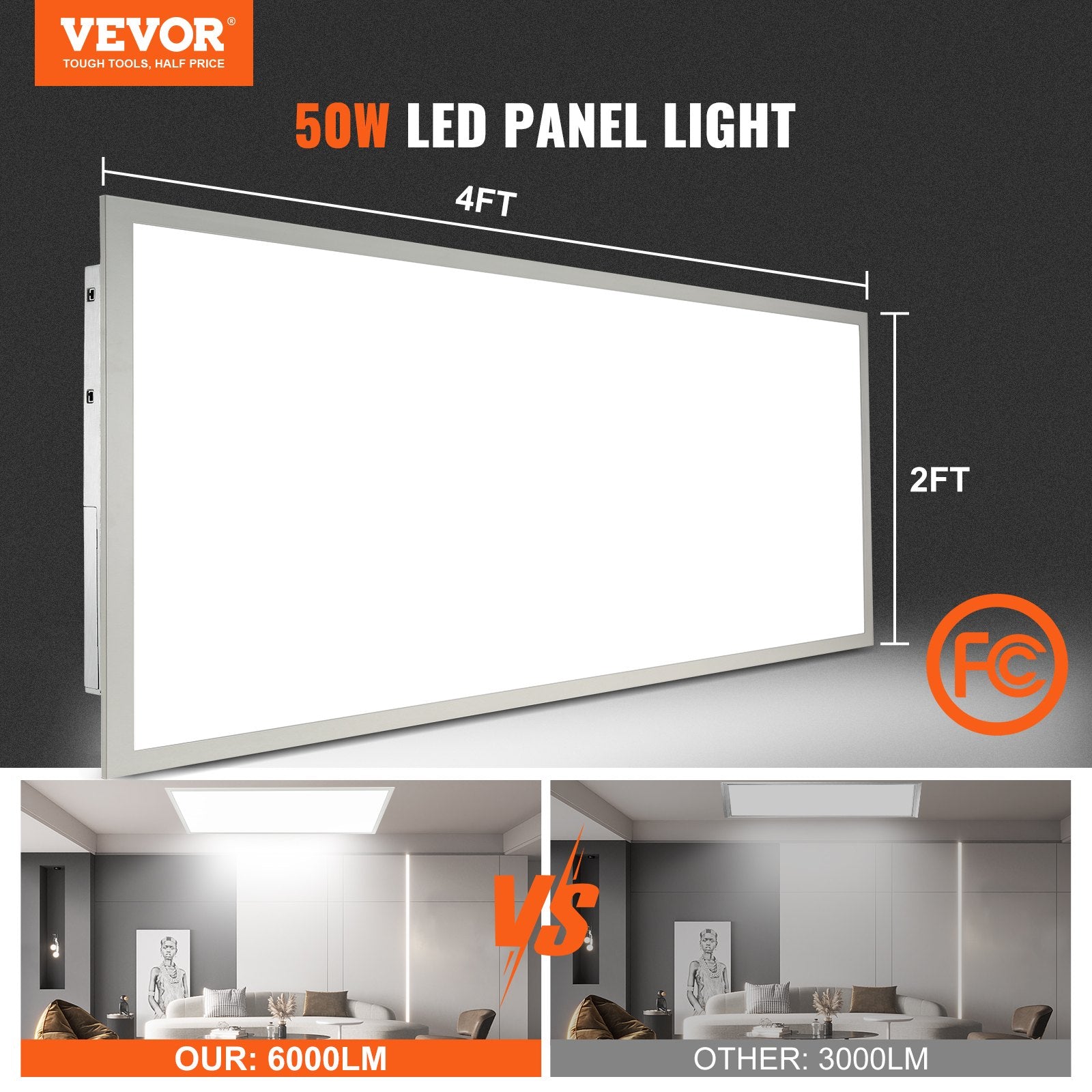 VEVOR 1 Pack 2x4 FT LED Flat Panel Light, 6000LM 50W, Surface Mount LED Drop Ceiling Light Fixture with Adjustable Color Temperature 3500K/4000K/5000K, Ultra Thin for Home Off Tested to UL Standards
