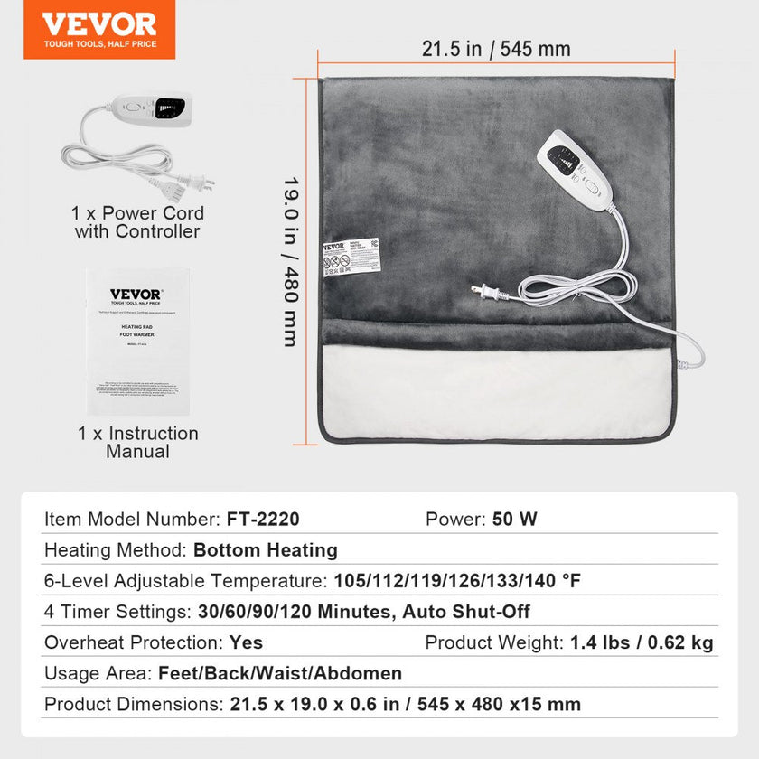 VEVOR Electric Heated Foot Warmer Soft Flannel Foot Heating Pad 21.5