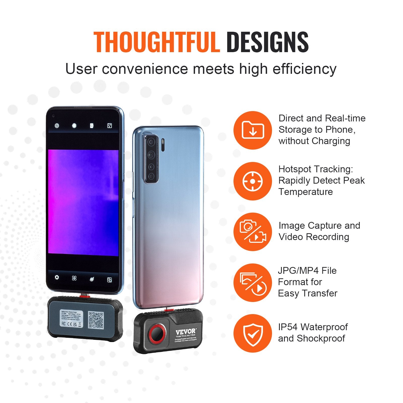 VEVOR Thermal Imaging Camera for Android, 256 x 192 IR Resolution Infrared Thermal Imager with Visual Camera, 25Hz Refresh Rate Thermal Camera for Smartphone/Tablet, -4-1022°F Temperature Range, IP54