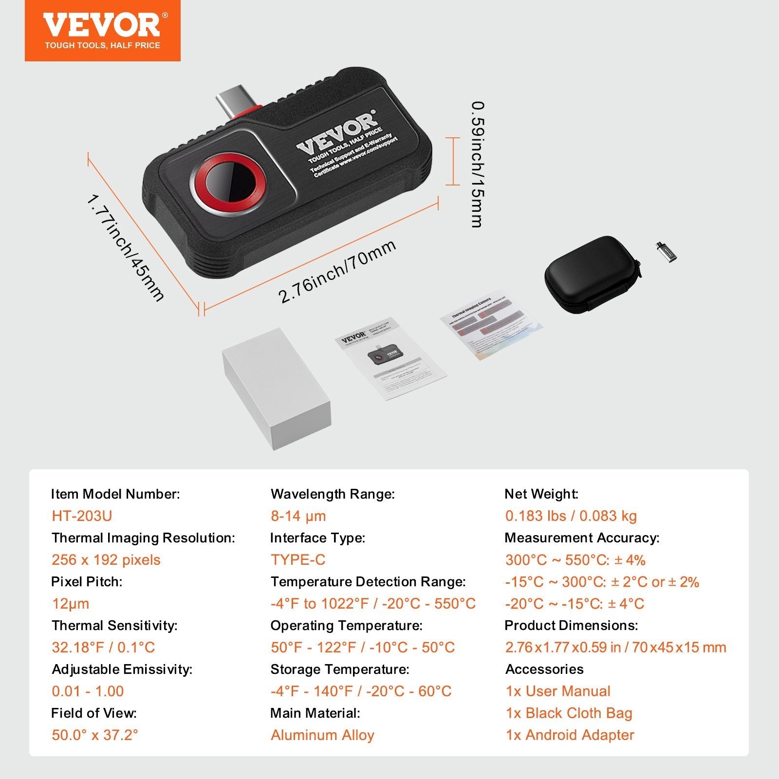 VEVOR Thermal Imaging Camera for Android, 256 x 192 IR Resolution Infrared Thermal Imager with Visual Camera, 25Hz Refresh Rate Thermal Camera for Smartphone/Tablet, -4-1022°F Temperature Range, IP54