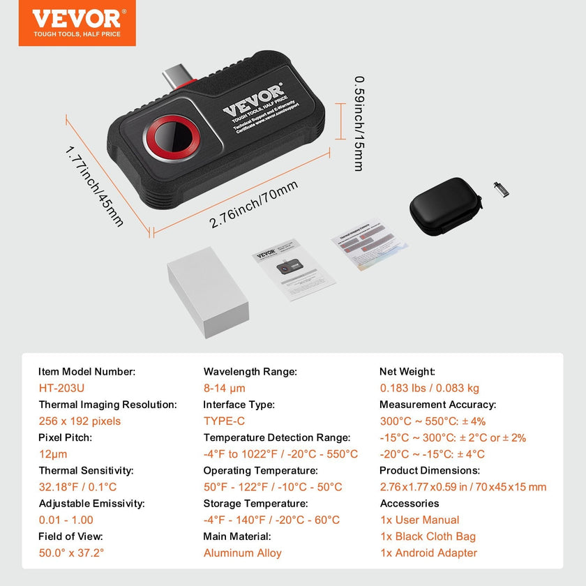 VEVOR Thermal Imaging Camera for Android, 256 x 192 IR Resolution Infrared Thermal Imager with Visual Camera, 25Hz Refresh Rate Thermal Camera for Smartphone/Tablet, -4-1022°F Temperature Range, IP54