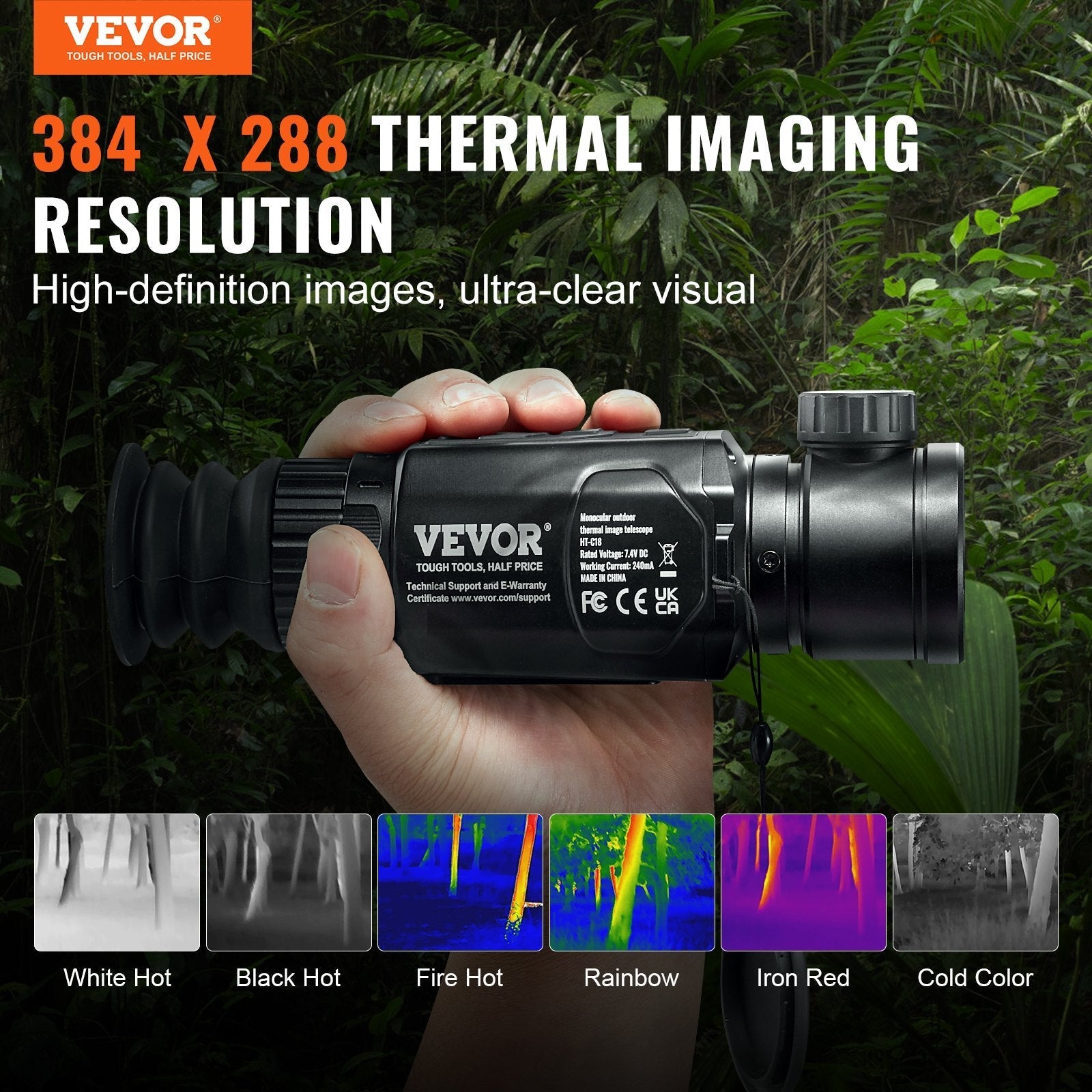 VEVOR Thermal Imager Monocular, 384x288 Resolution Hunting Imaging Telescope, IP54 Waterproof Thermal Camera with 1X -8X Zoom, 0.39