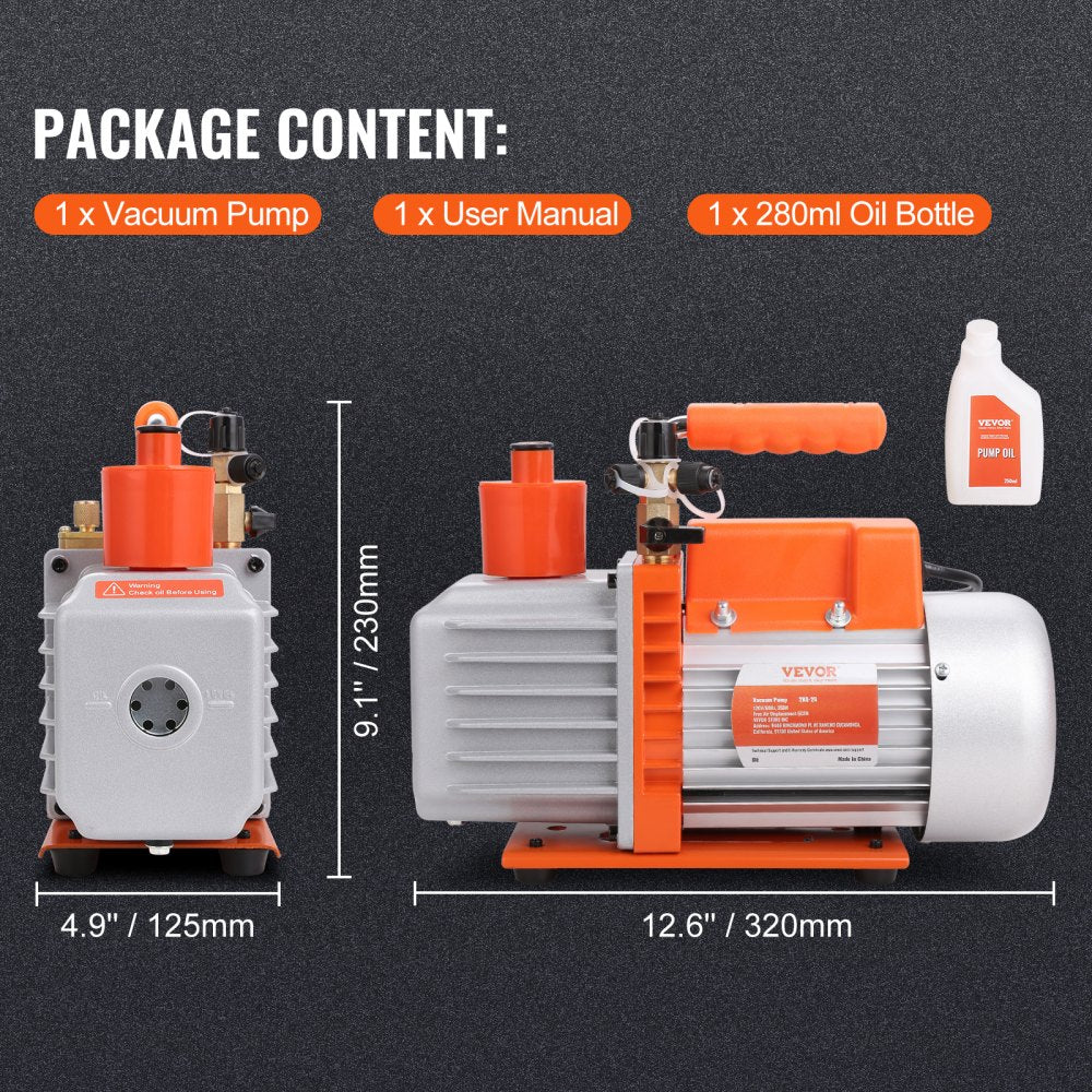 VEVOR 1/3 HP 2 Stage Rotary Vane Vacuum Pump, 5 CFM, 120V Air Conditioning Vacuum Pump, 1/4