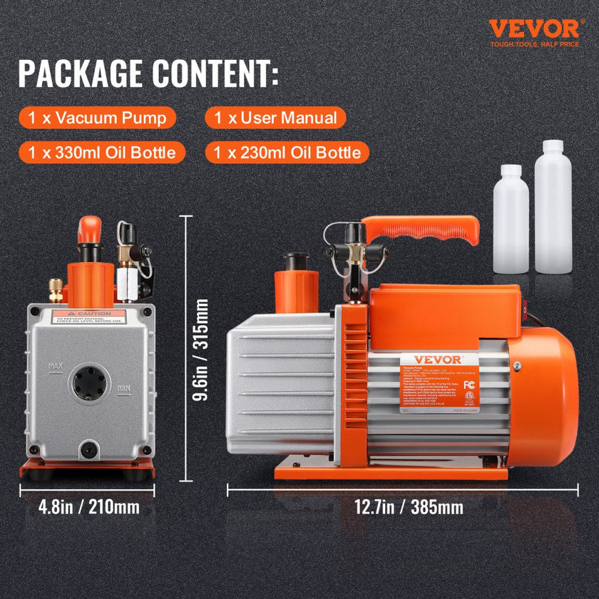 VEVOR 1/2 HP 2 Stage Rotary Vane Vacuum Pump, 5 CFM, 115V Air Conditioning Vacuum Pump, 1/4
