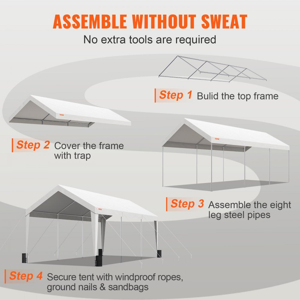 VEVOR Carport, Heavy Duty 10x20ft Car Canopy, Outdoor Garage Shelter with 8 Reinforced Poles and 4 Weighted Bags, UV Resistant Waterproof Portable Instant Car Garage Tent for Party Garden Boat, White