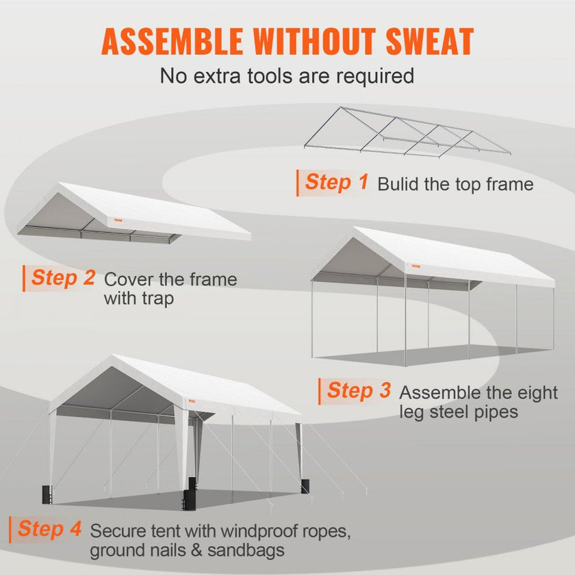 VEVOR Carport, Heavy Duty 10x20ft Car Canopy, Outdoor Garage Shelter with 8 Reinforced Poles and 4 Weighted Bags, UV Resistant Waterproof Portable Instant Car Garage Tent for Party Garden Boat, White