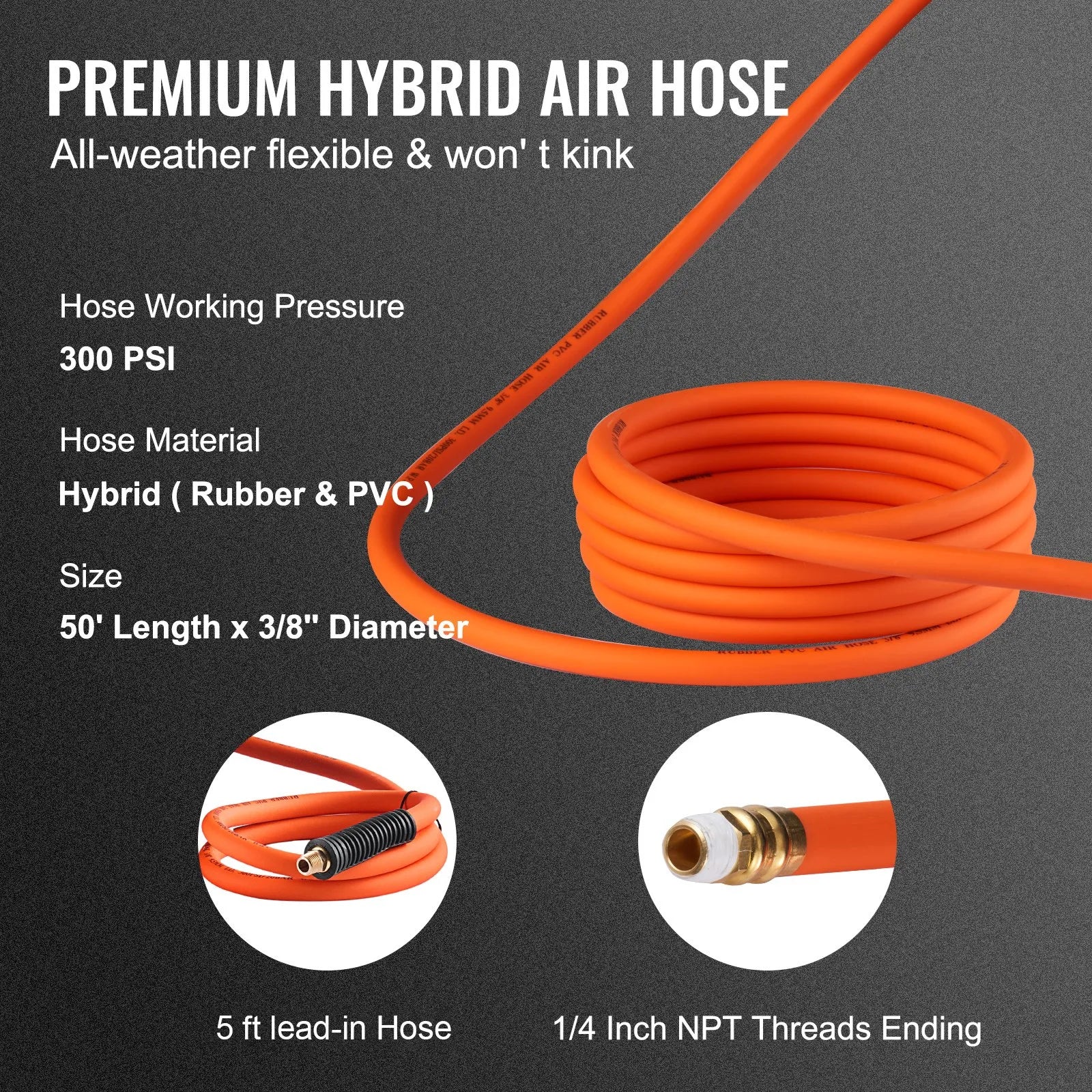 VEVOR Retractable Air Hose Reel 3/8 IN x 50 FT Hybrid Air Hose Max 300 PSI