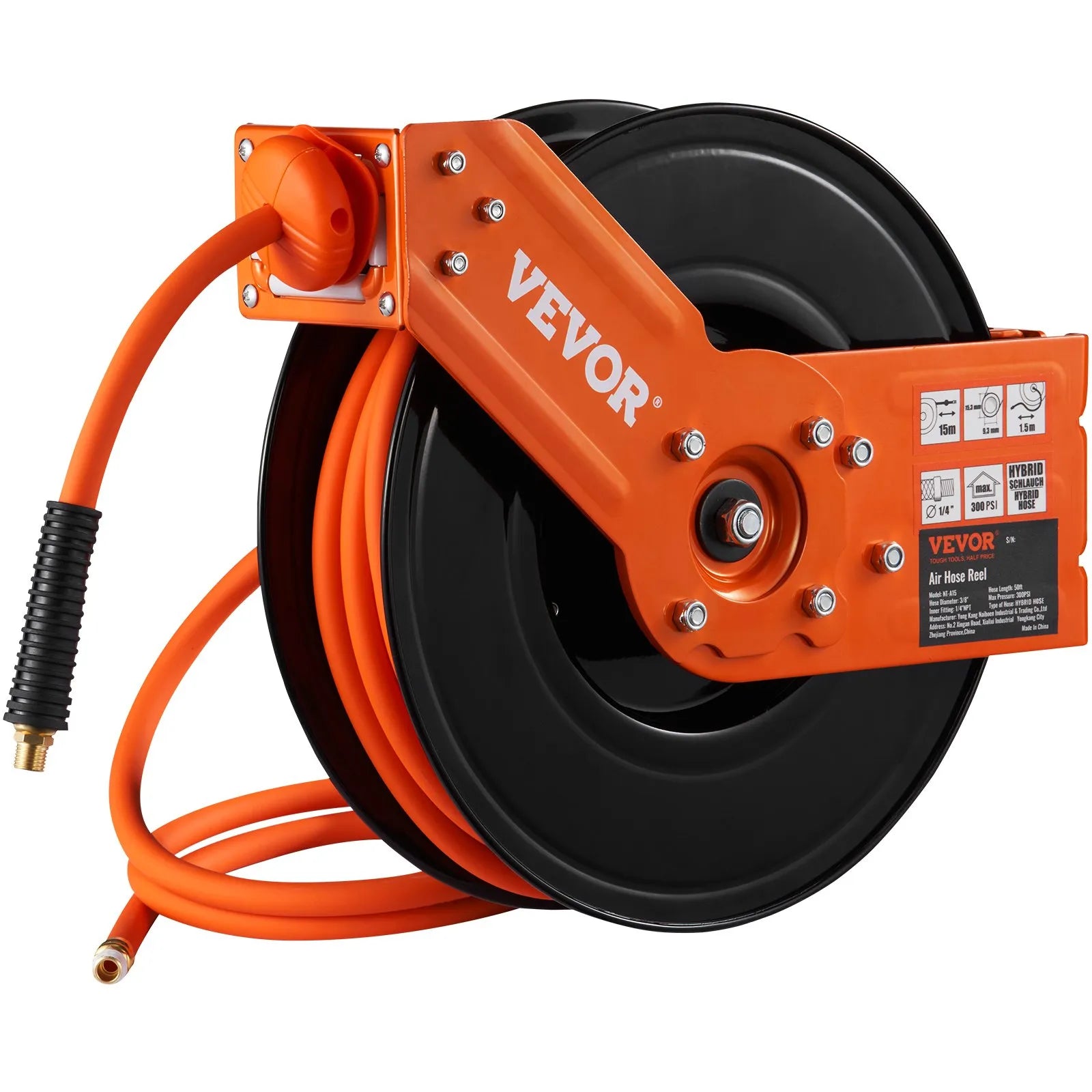 VEVOR Retractable Air Hose Reel 3/8 IN x 50 FT Hybrid Air Hose Max 300 PSI