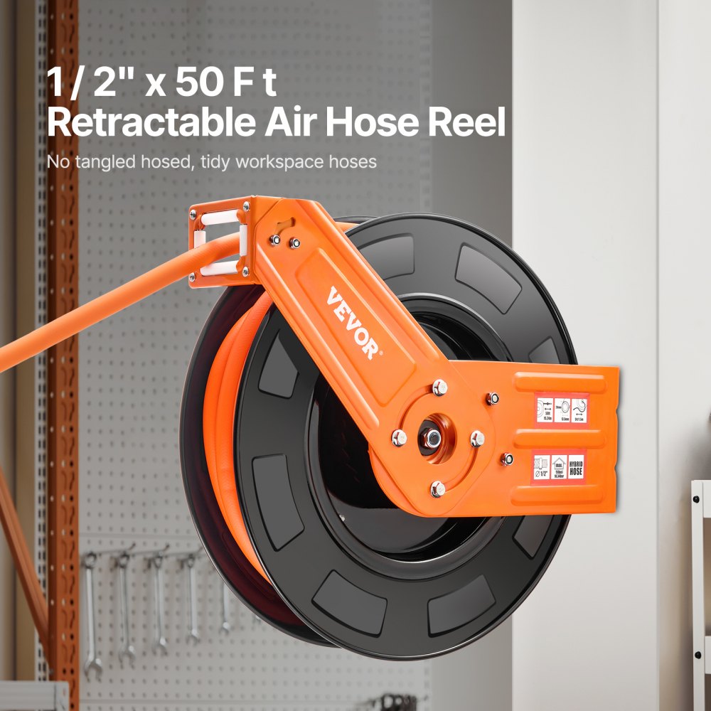 VEVOR Retractable Air Hose Reel 1/2 IN x 50 FT Hybrid Air Hose Reel Max 300 PSI