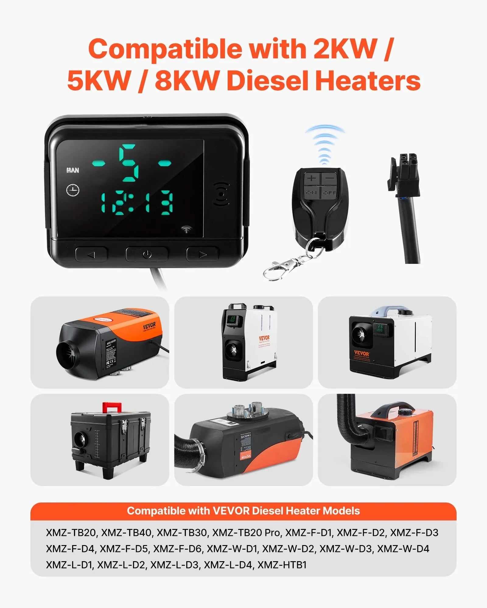 VEVOR Diesel Air Heater Controller – Universal DC5V Thermostat Switch with LCD Display and Remote Control, Compatible with 2KW/5KW/8KW Diesel Heaters