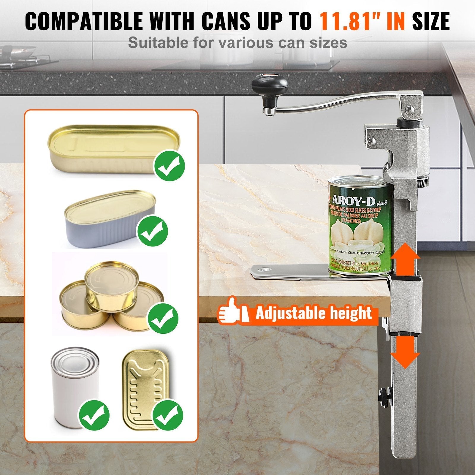 VEVOR Manual Can Opener, Commercial Table Opener for Large Cans, Heavy Duty Can Opener with Base, Adjustable Height Industrial Jar Opener For Cans Up to 11.8