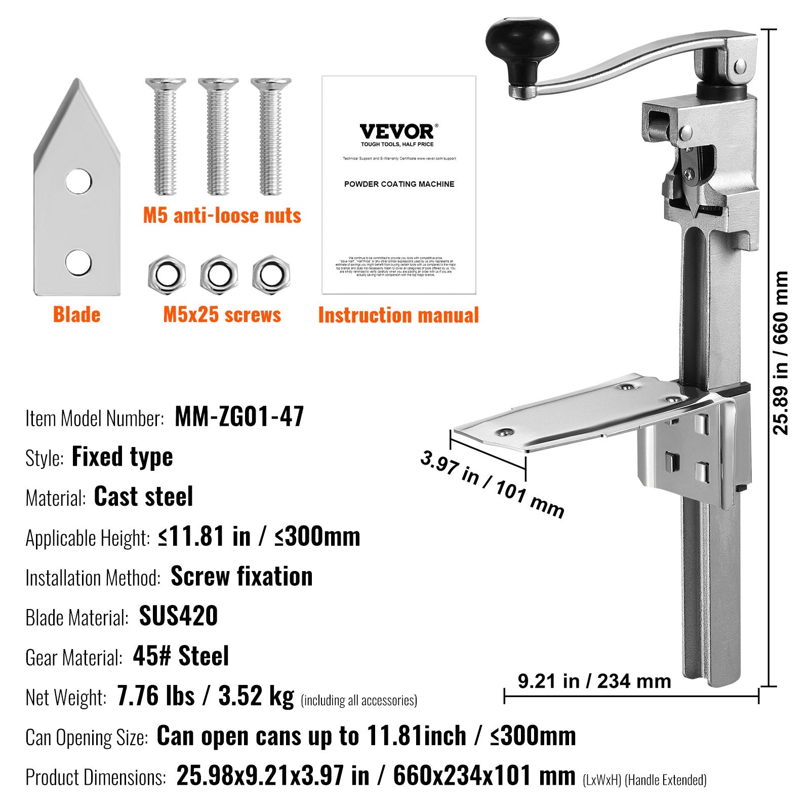 VEVOR Manual Can Opener, Commercial Table Opener for Large Cans, Heavy Duty Can Opener with Base, Adjustable Height Industrial Jar Opener For Cans Up to 11.8