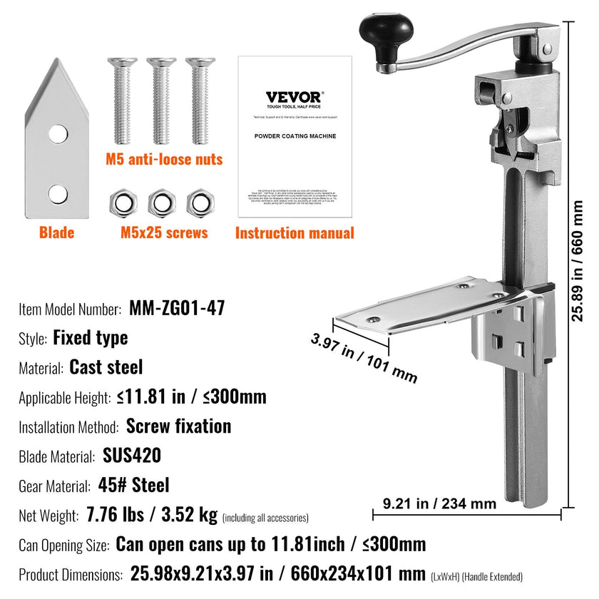 VEVOR Manual Can Opener, Commercial Table Opener for Large Cans, Heavy Duty Can Opener with Base, Adjustable Height Industrial Jar Opener For Cans Up to 11.8