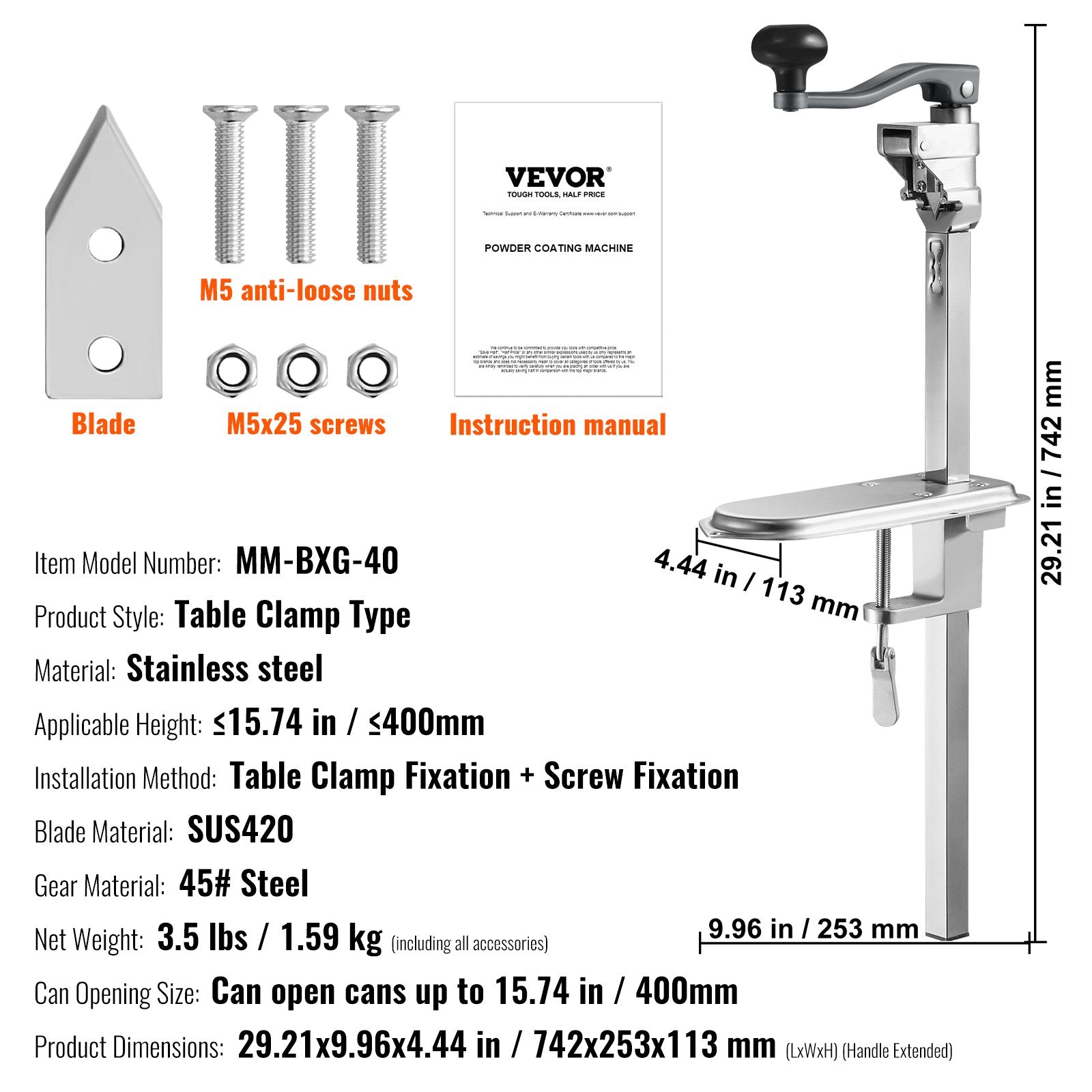 VEVOR Manual Can Opener, Commercial Table Clamp Opener for Large Cans, Heavy Duty Can Opener with Base, Adjustable Height Industrial Jar Opener For Cans Up to 15.7