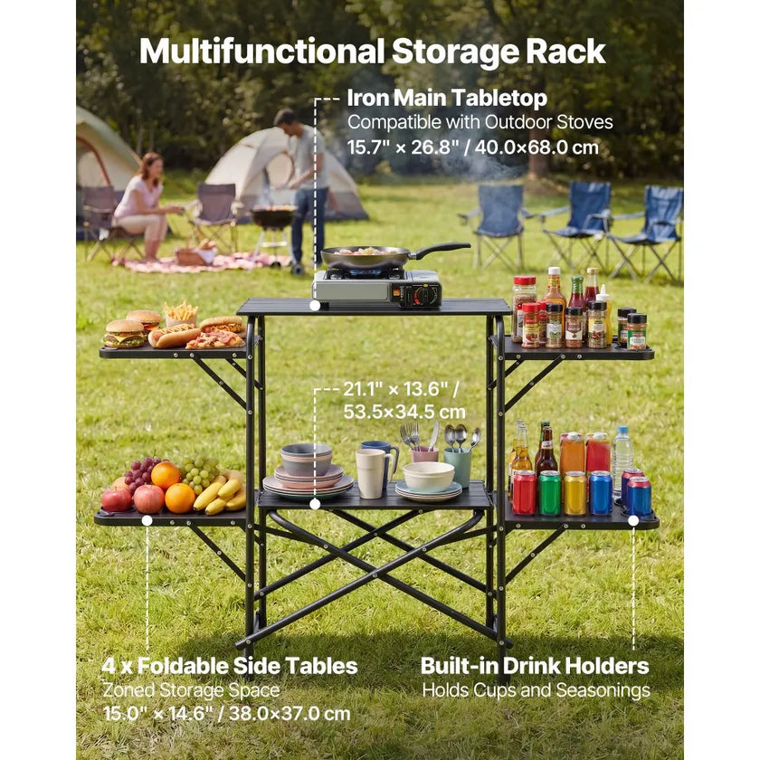 Camping Kitchen Table, Portable Folding Cook Station with Side Tables & Carry Bag