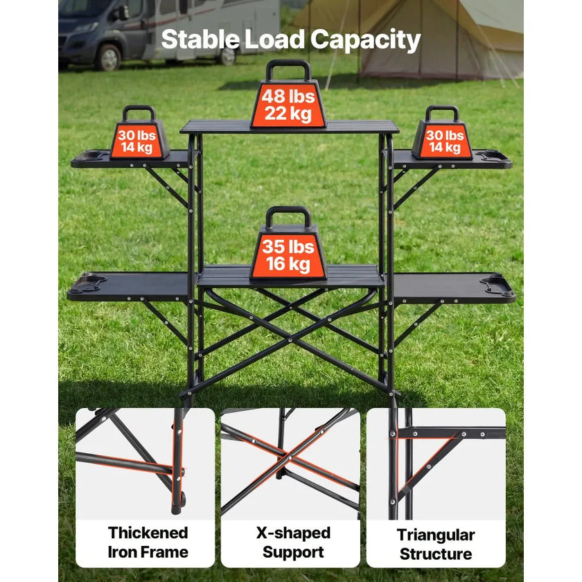 Camping Kitchen Table, Portable Folding Cook Station with Side Tables & Carry Bag