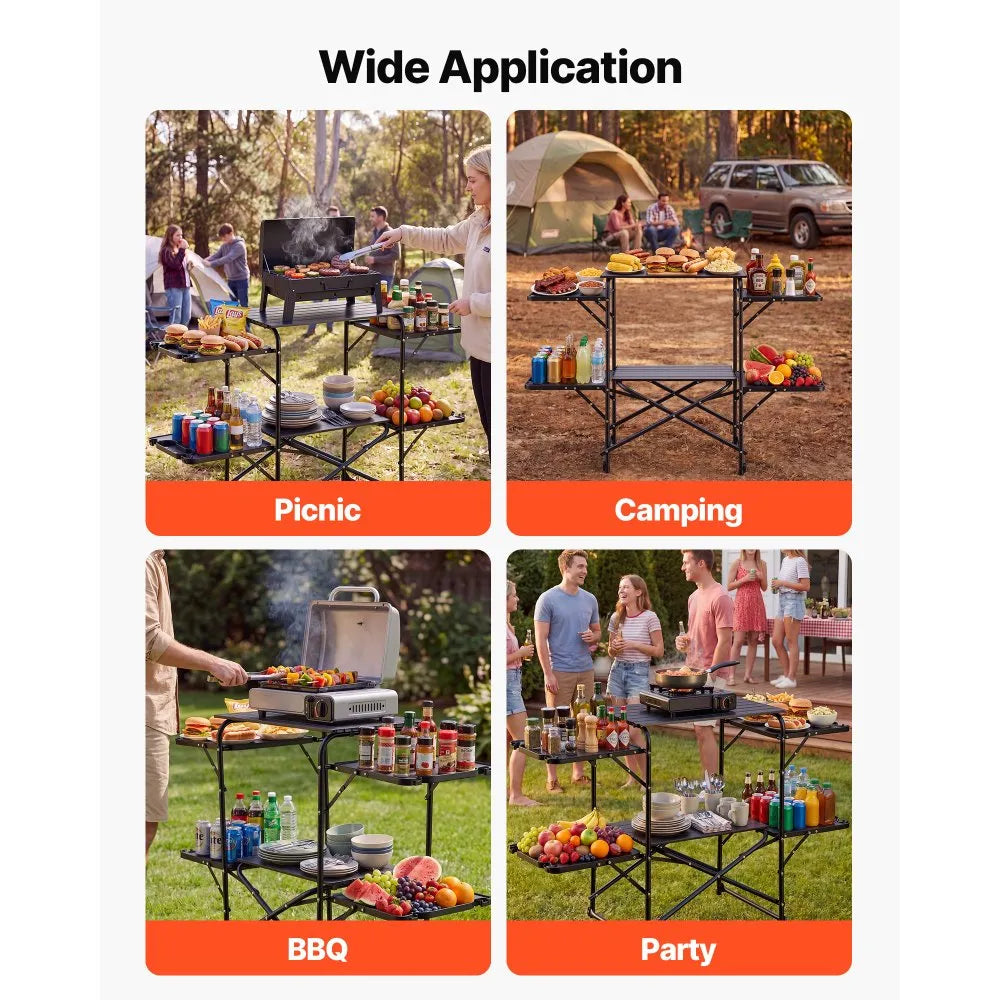 Camping Kitchen Table, Portable Folding Cook Station with Side Tables & Carry Bag