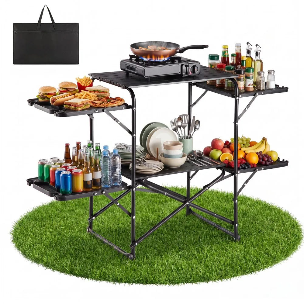 Camping Kitchen Table, Portable Folding Cook Station with Side Tables & Carry Bag
