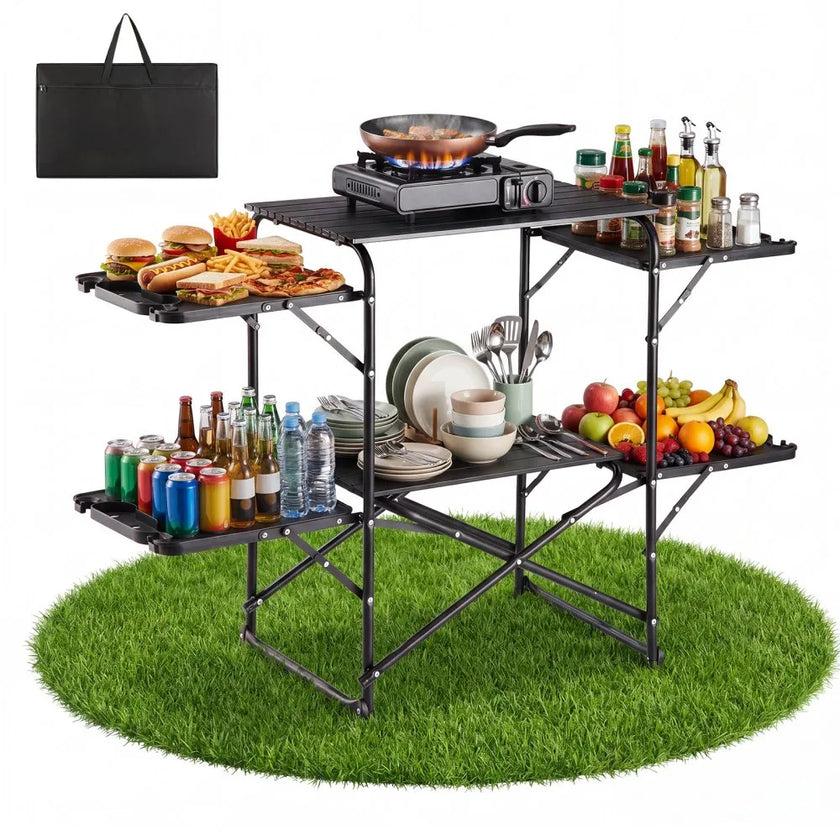 Camping Kitchen Table, Portable Folding Cook Station with Side Tables & Carry Bag