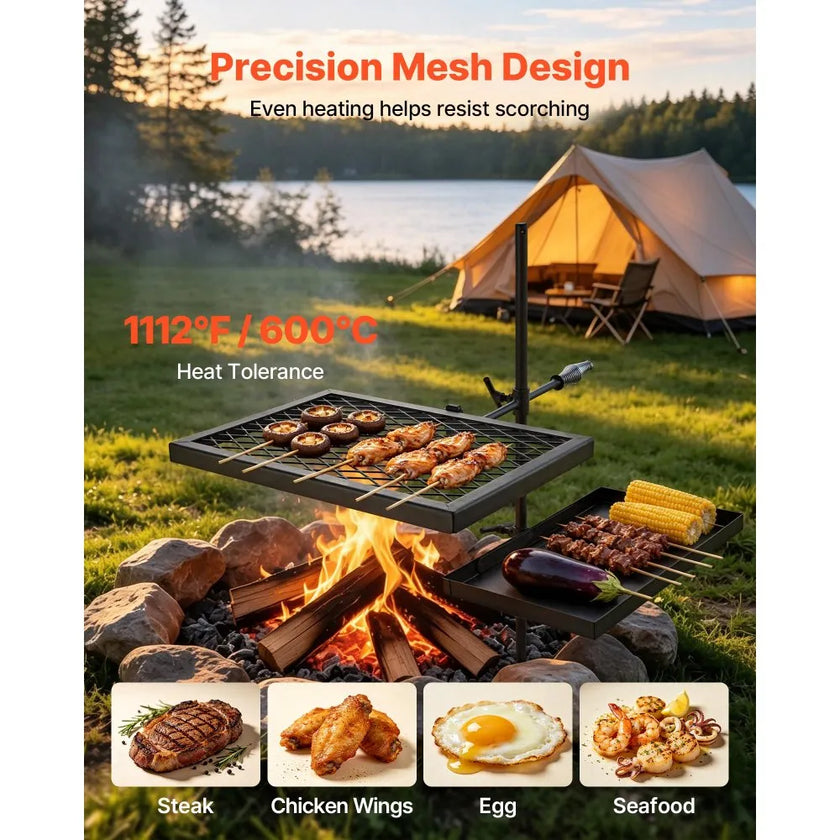 Heavy Duty Swivel Campfire Grill – Double Layer Portable Outdoor Cooking Grate & Griddle