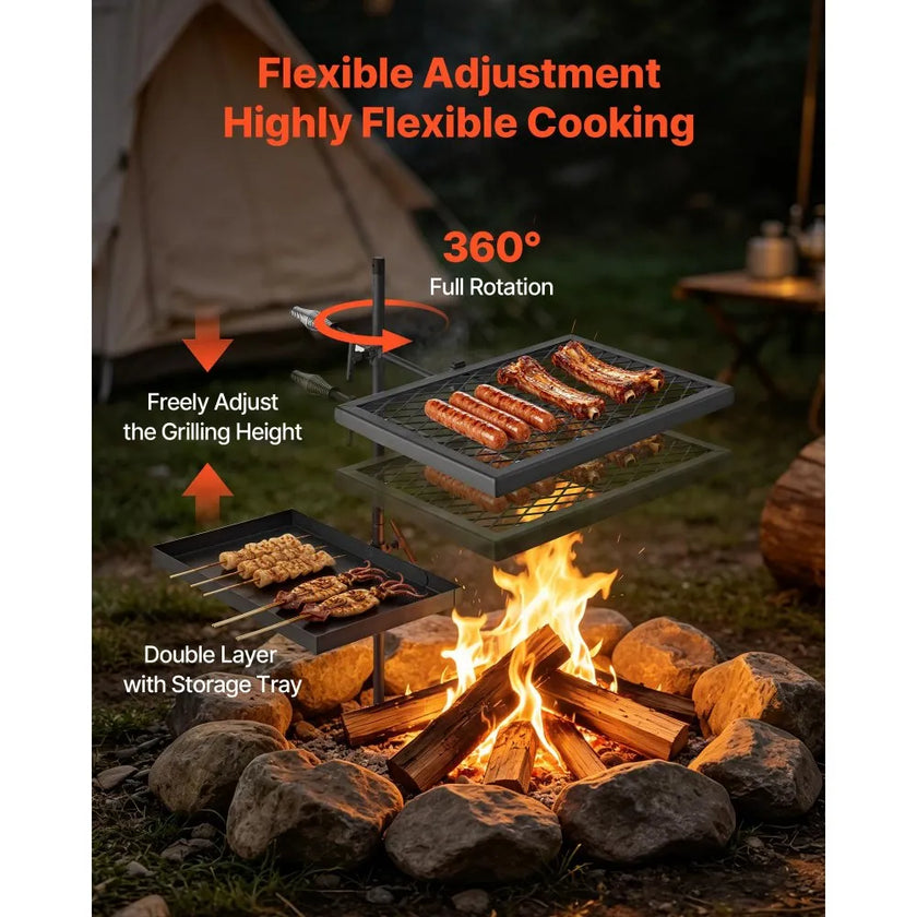 Heavy Duty Swivel Campfire Grill – Double Layer Portable Outdoor Cooking Grate & Griddle