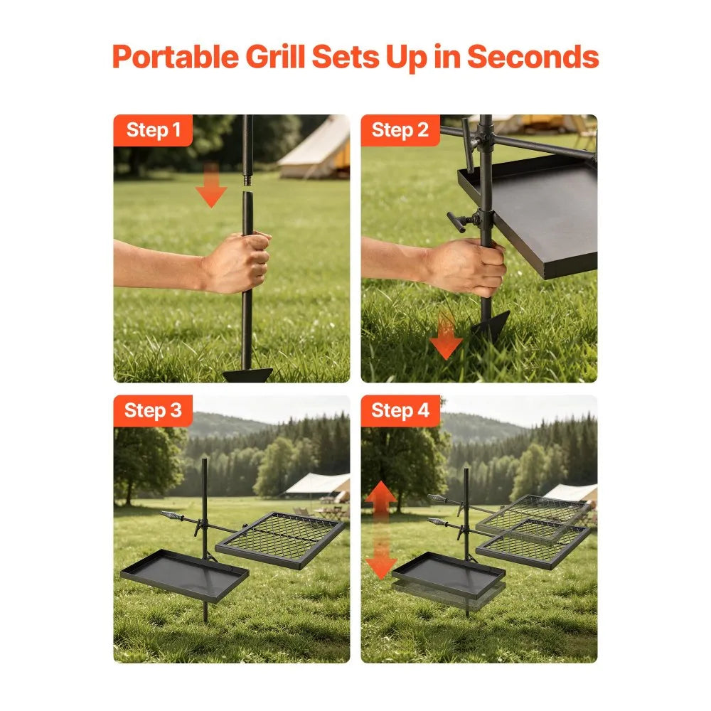 Heavy Duty Swivel Campfire Grill – Double Layer Portable Outdoor Cooking Grate & Griddle