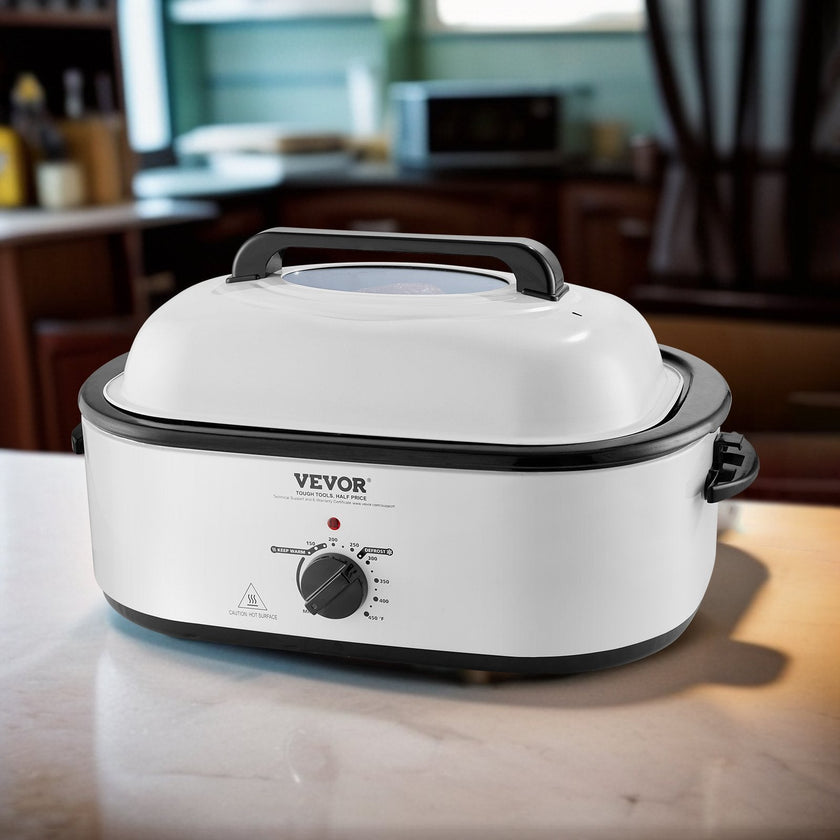 VEVOR Electric Roaster Oven, 22 QT Turkey Roaster Oven with Self-Basting Lid, 1450W Roaster Oven with Defrost & Warm Function, Adjustable Temp, Removable Pan & Rack, Fits Turkeys Up to 26LBS, White