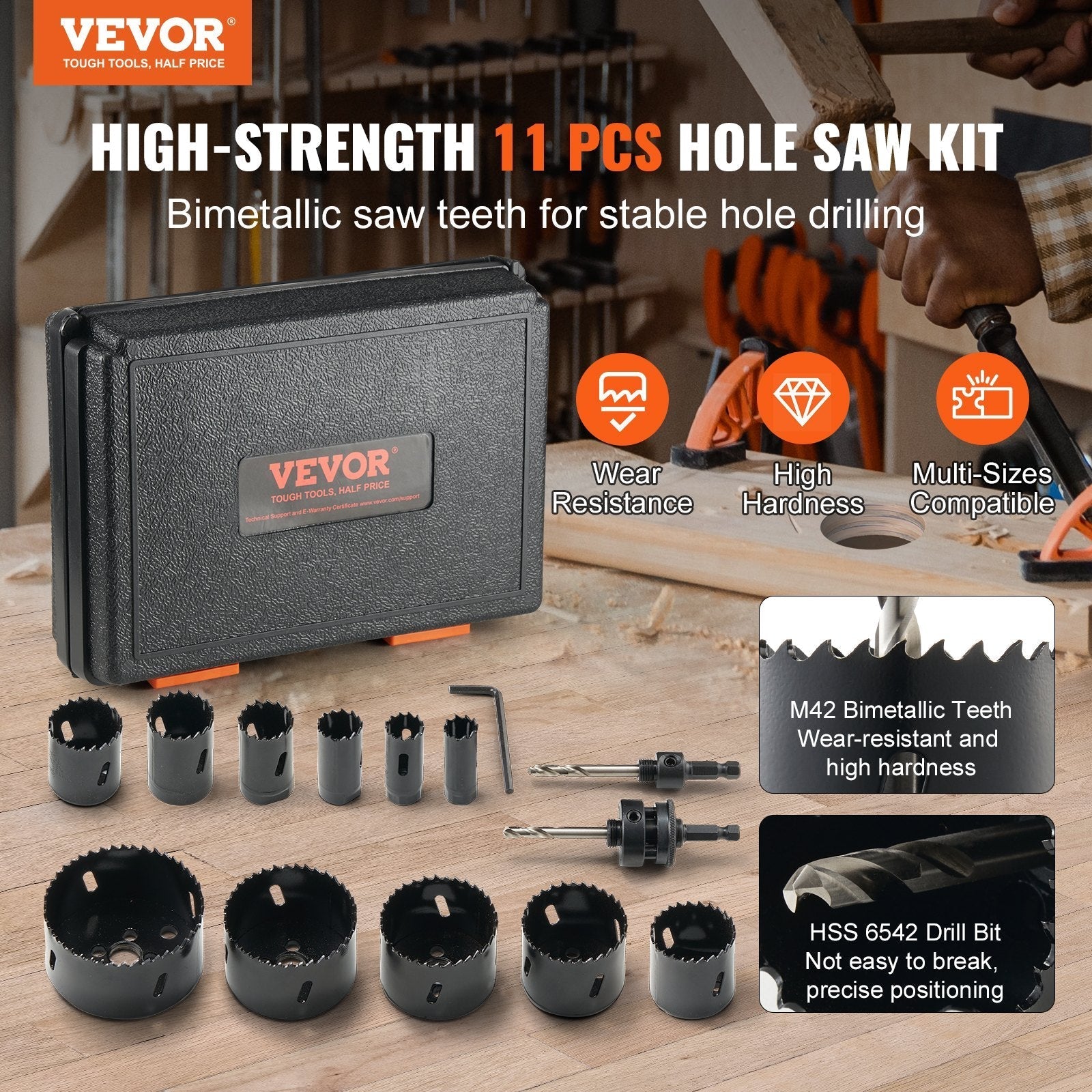 VEVOR Hole Saw Kit, 11 PCS Saw Blades, 2 Drill Bits, 1 Hex Wrench, General Purpose Size from 3/4