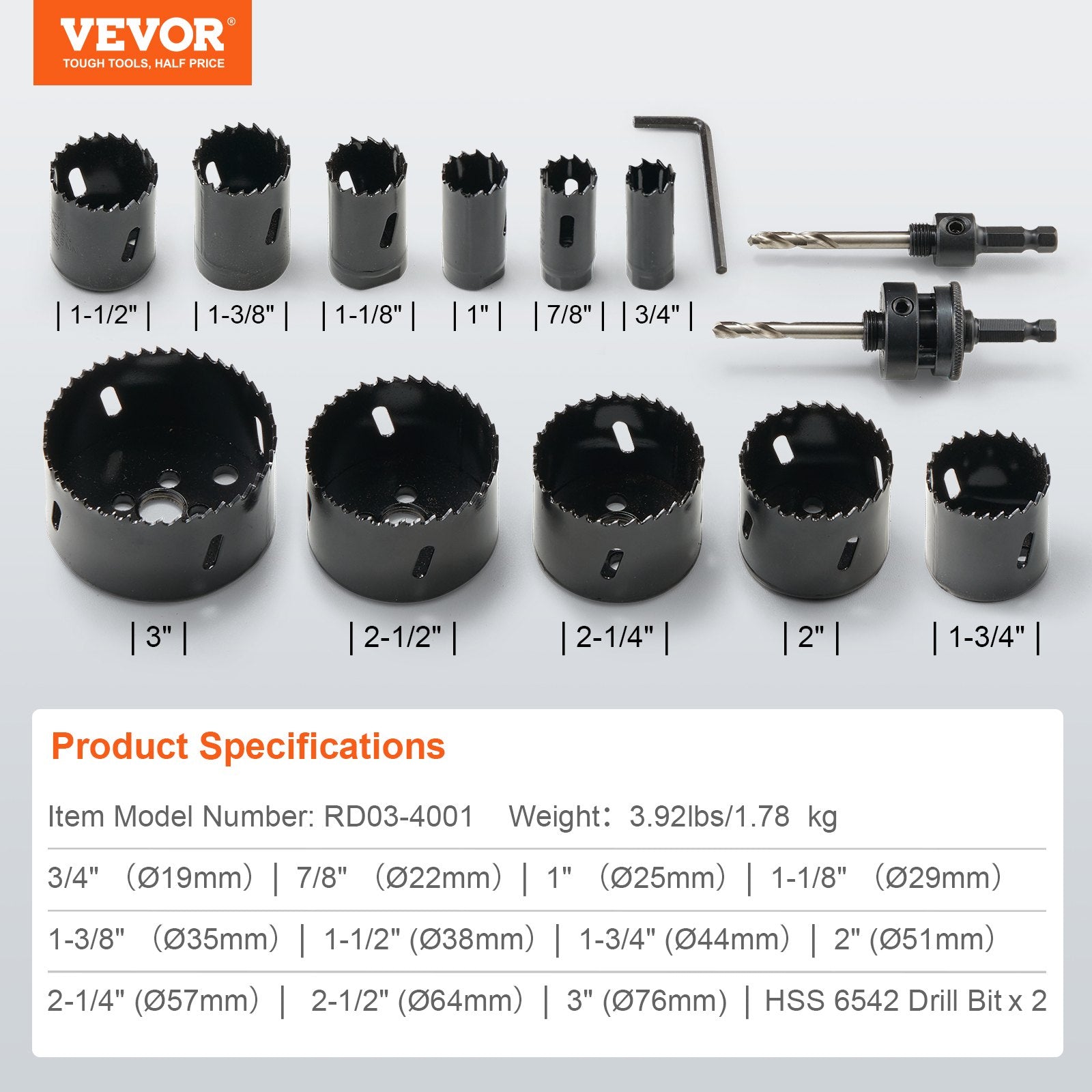 VEVOR Hole Saw Kit, 11 PCS Saw Blades, 2 Drill Bits, 1 Hex Wrench, General Purpose Size from 3/4