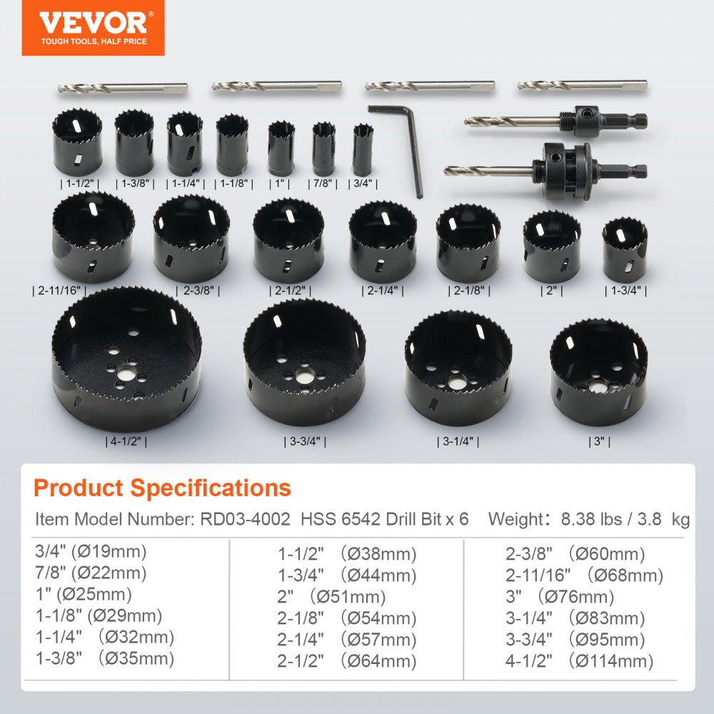 VEVOR Hole Saw Kit, 18 PCS Saw Blades, 6 Drill Bits, 1 Hex Wrench, General Purpose Size from 3/4