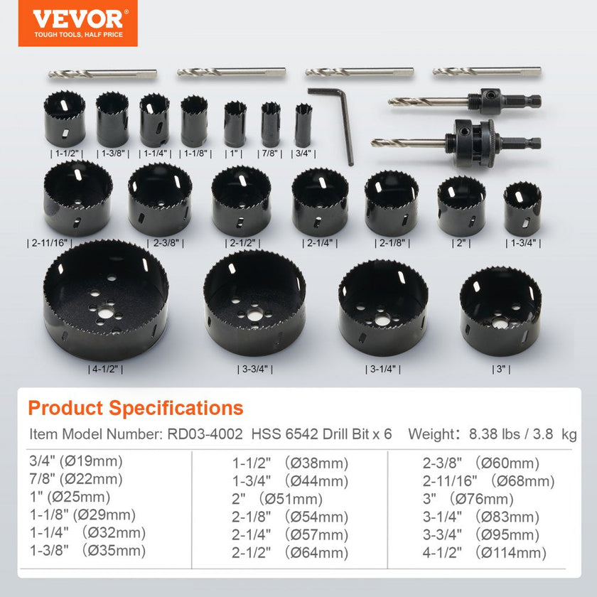 VEVOR Hole Saw Kit, 18 PCS Saw Blades, 6 Drill Bits, 1 Hex Wrench, General Purpose Size from 3/4