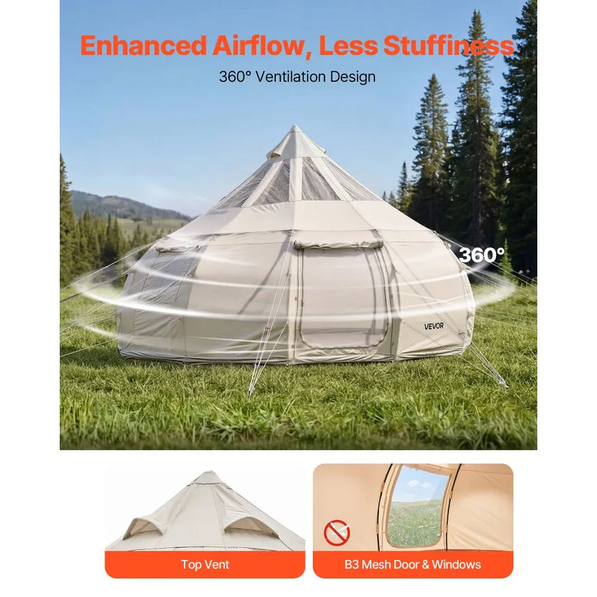 VEVOR 16.4 ft Canvas Bell Tent – 4 Season Glamping Yurt Tent with Stove Jack, Stargazing Roof & Rain Cover for 10-12 People