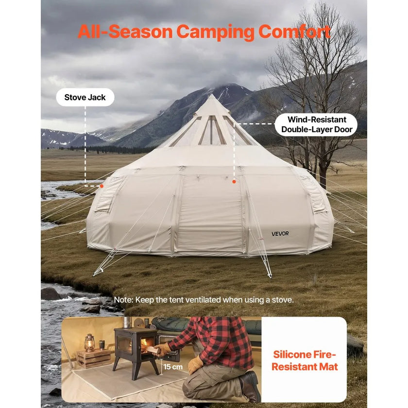VEVOR 16.4 ft Canvas Bell Tent – 4 Season Glamping Yurt Tent with Stove Jack, Stargazing Roof & Rain Cover for 10-12 People