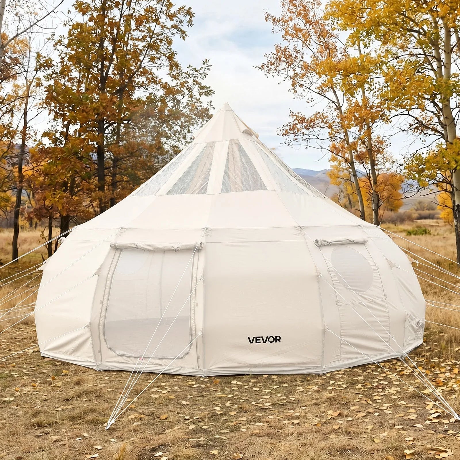VEVOR 16.4 ft Canvas Bell Tent – 4 Season Glamping Yurt Tent with Stove Jack, Stargazing Roof & Rain Cover for 10-12 People