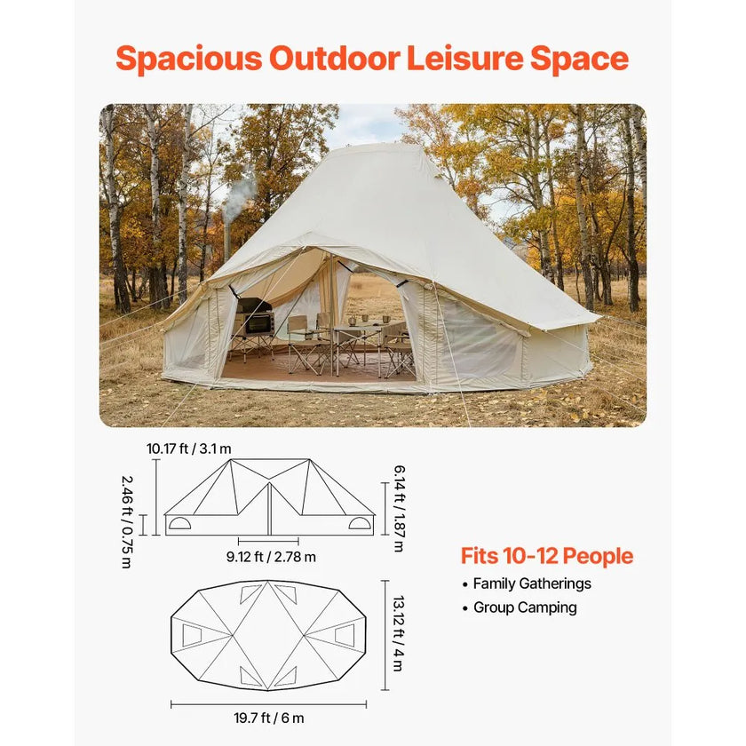 VEVOR 6 x 4 m Canvas Bell Tent – 4 Season Glamping Yurt Tent with Stove Jack for 10-12 People
