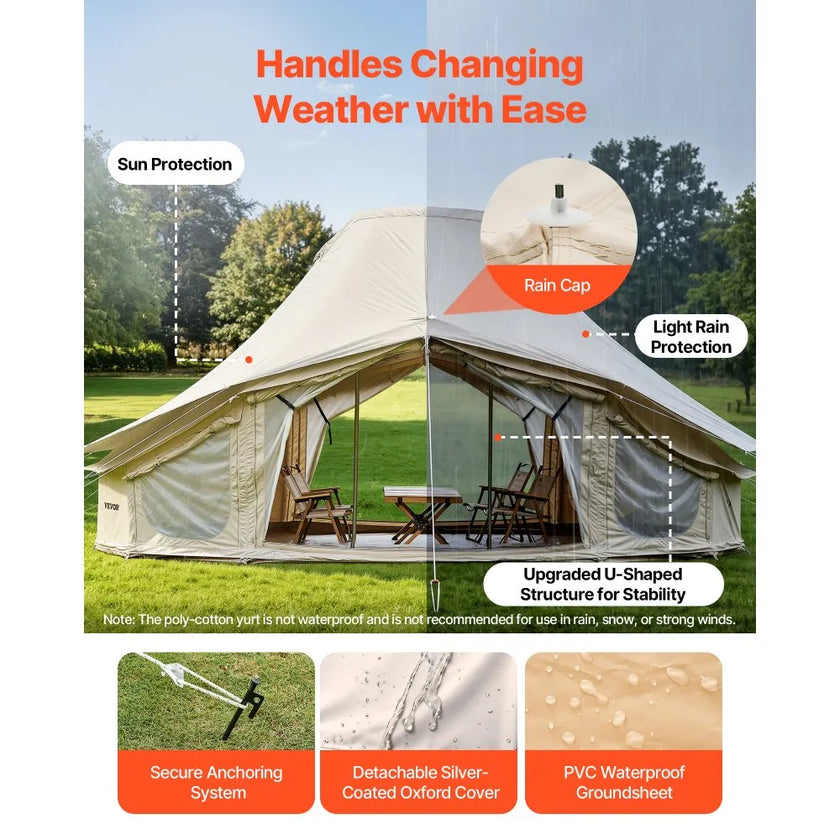 VEVOR 6 x 4 m Canvas Bell Tent – 4 Season Glamping Yurt Tent with Stove Jack for 10-12 People