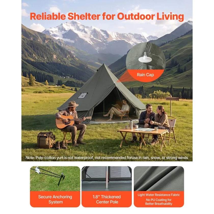 VEVOR 13.12 ft Canvas Bell Tent – 4 Season Glamping Yurt Tent with Stove Jack for 3-4 People