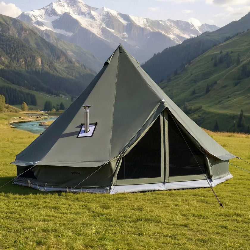 VEVOR 13.12 ft Canvas Bell Tent – 4 Season Glamping Yurt Tent with Stove Jack for 3-4 People