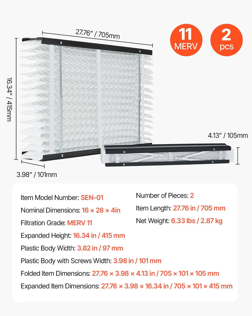 VEVOR Air Filters MERV 11 Electrostatic Pleated Furnace Filter 2-Pack 16x28x4