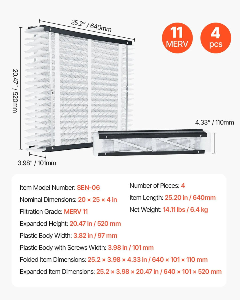 VEVOR Air Filters MERV 11 Electrostatic Pleated Furnace Filter 4-Pack 20x25x4