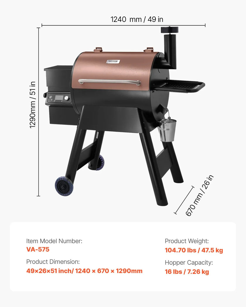 VEVOR Wood Pellet Grill Smoker Outdoor Electric BBQ Grills 575 Sq.in Cook Area
