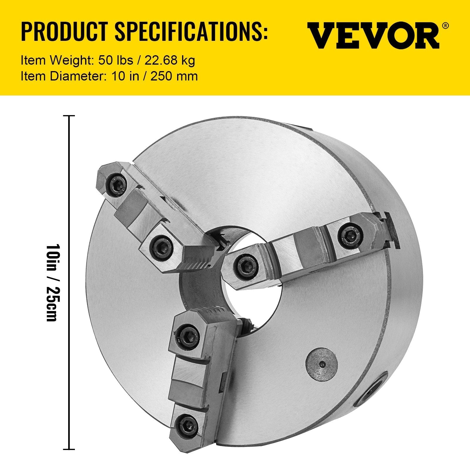 VEVOR K11-250 Lathe Chuck 10 Inch 3 Jaw, Self Centering Chuck Milling Hardened Steel, Internal External Grinding for Lathe Drilling Milling Machine