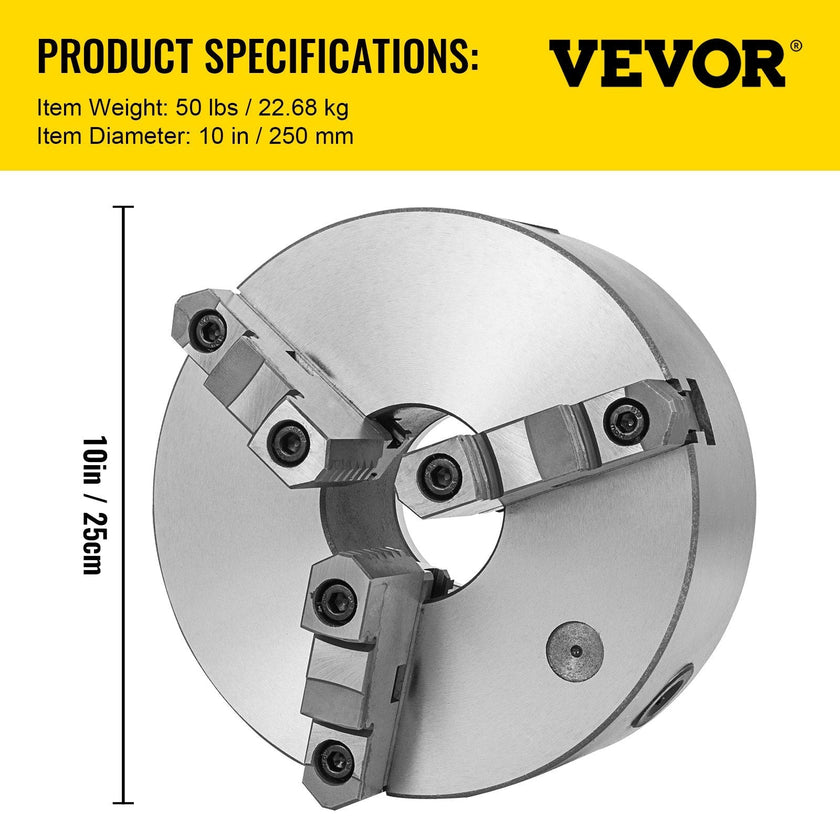 VEVOR K11-250 Lathe Chuck 10 Inch 3 Jaw, Self Centering Chuck Milling Hardened Steel, Internal External Grinding for Lathe Drilling Milling Machine