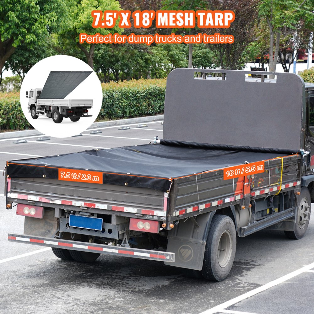 VEVOR Dump Truck Mesh Tarp, 7.5x18 ft, PVC Coated Black Heavy Duty Cover with 5.5